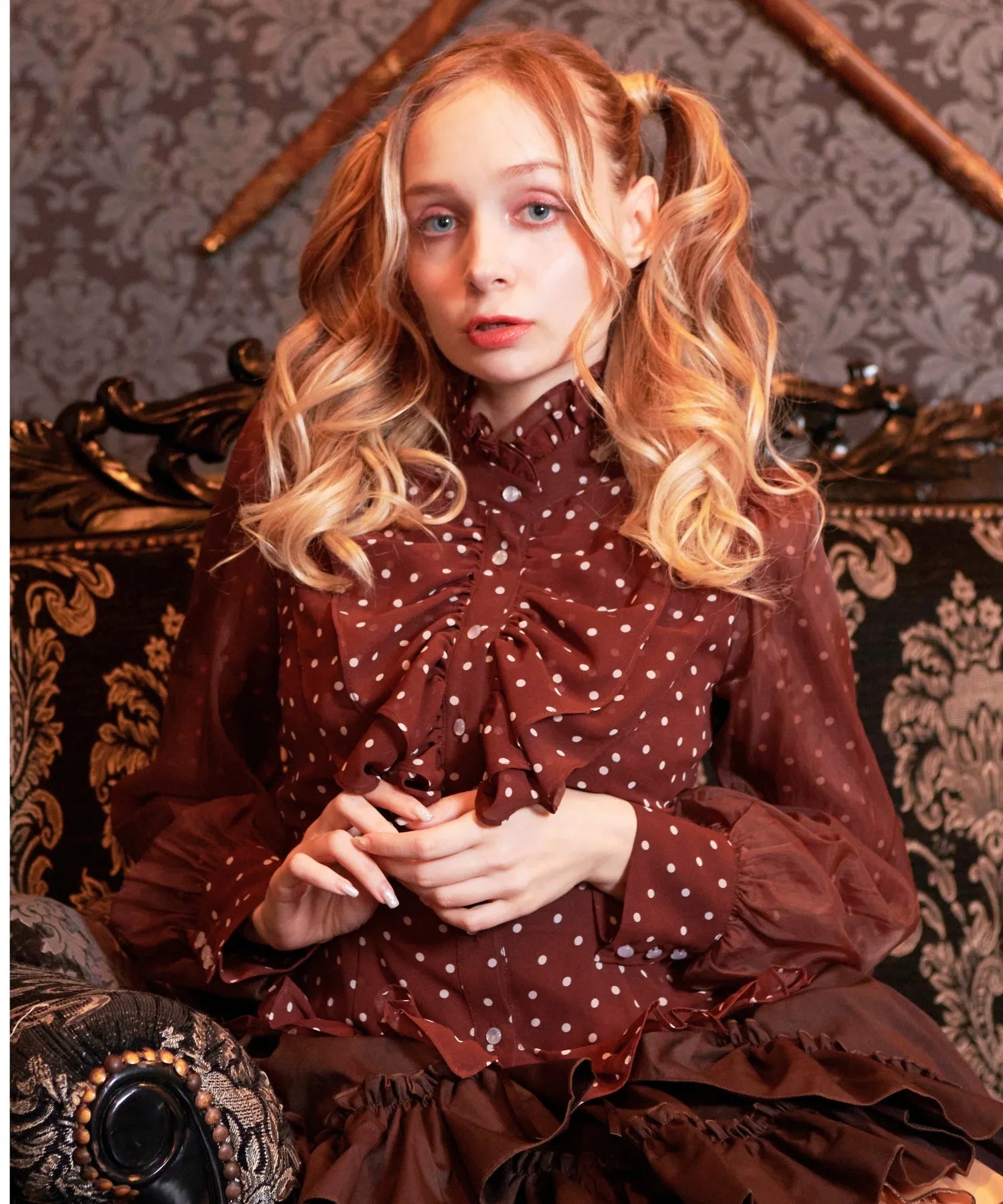 Volewume sleeve polka dot sheer blouse