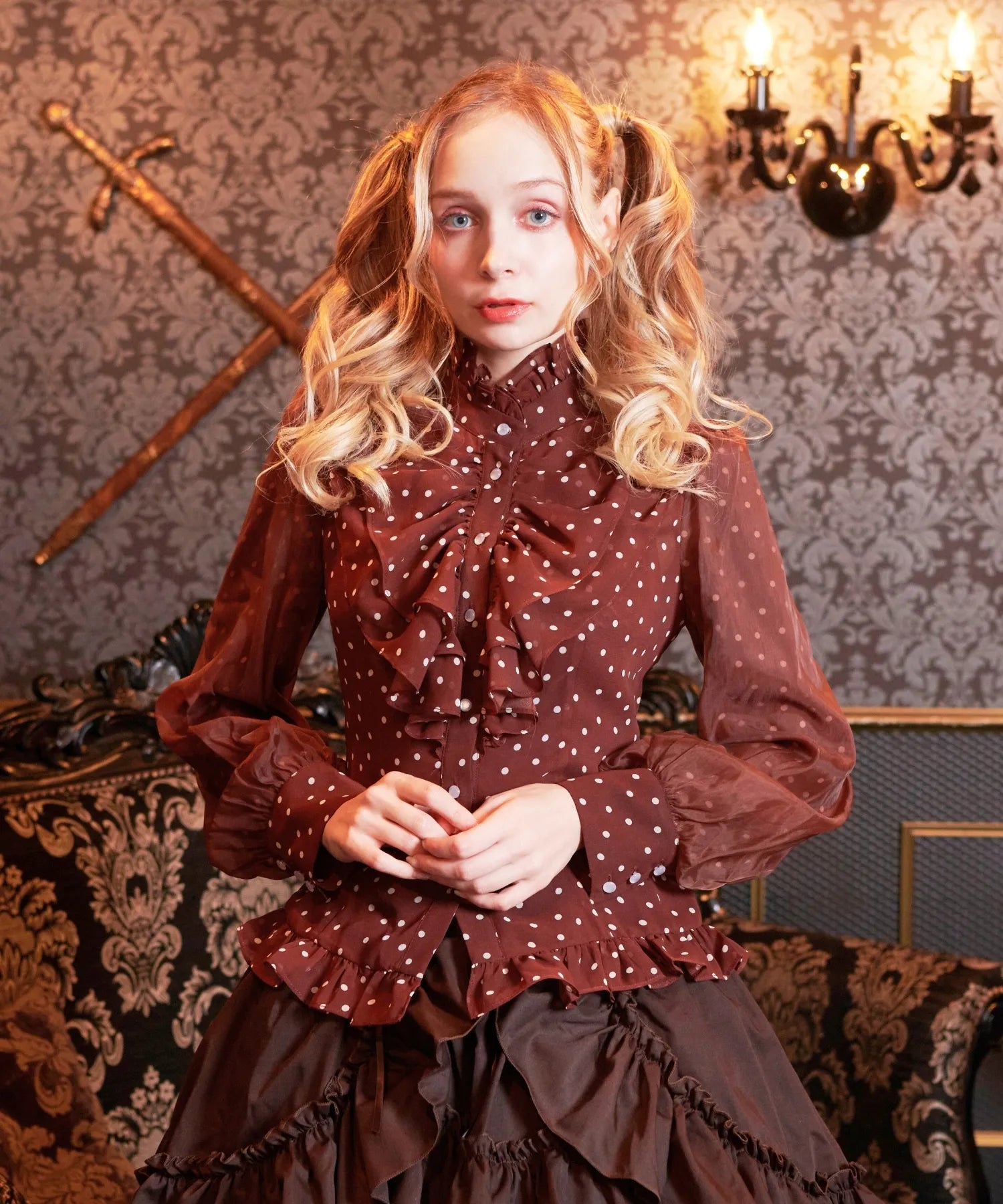 Volewume sleeve polka dot sheer blouse