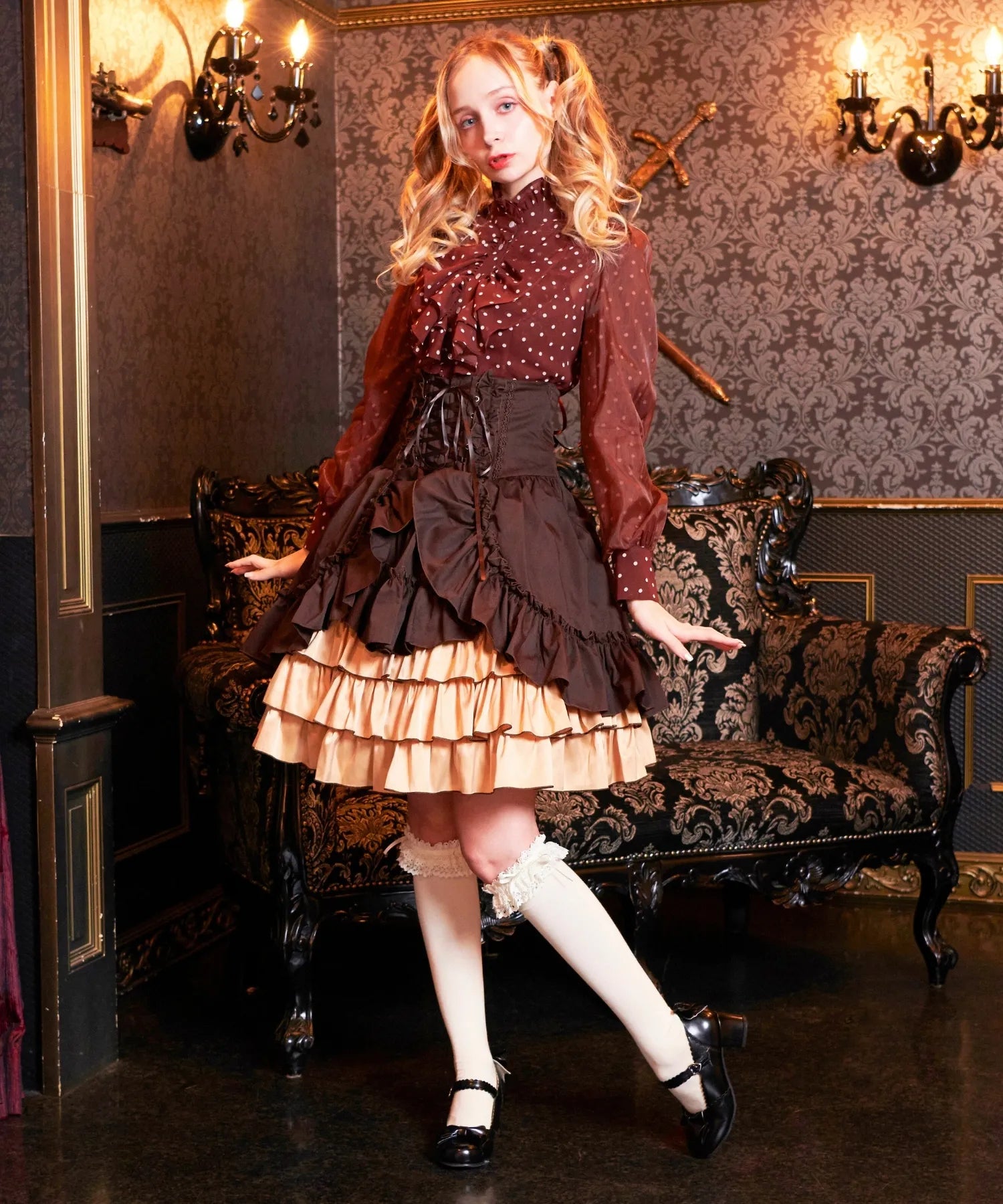 Volewume sleeve polka dot sheer blouse