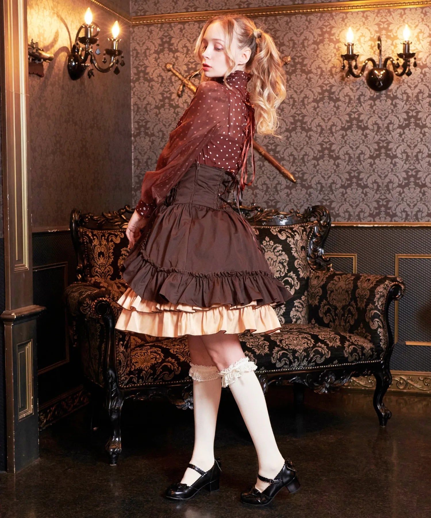 Volewume sleeve polka dot sheer blouse