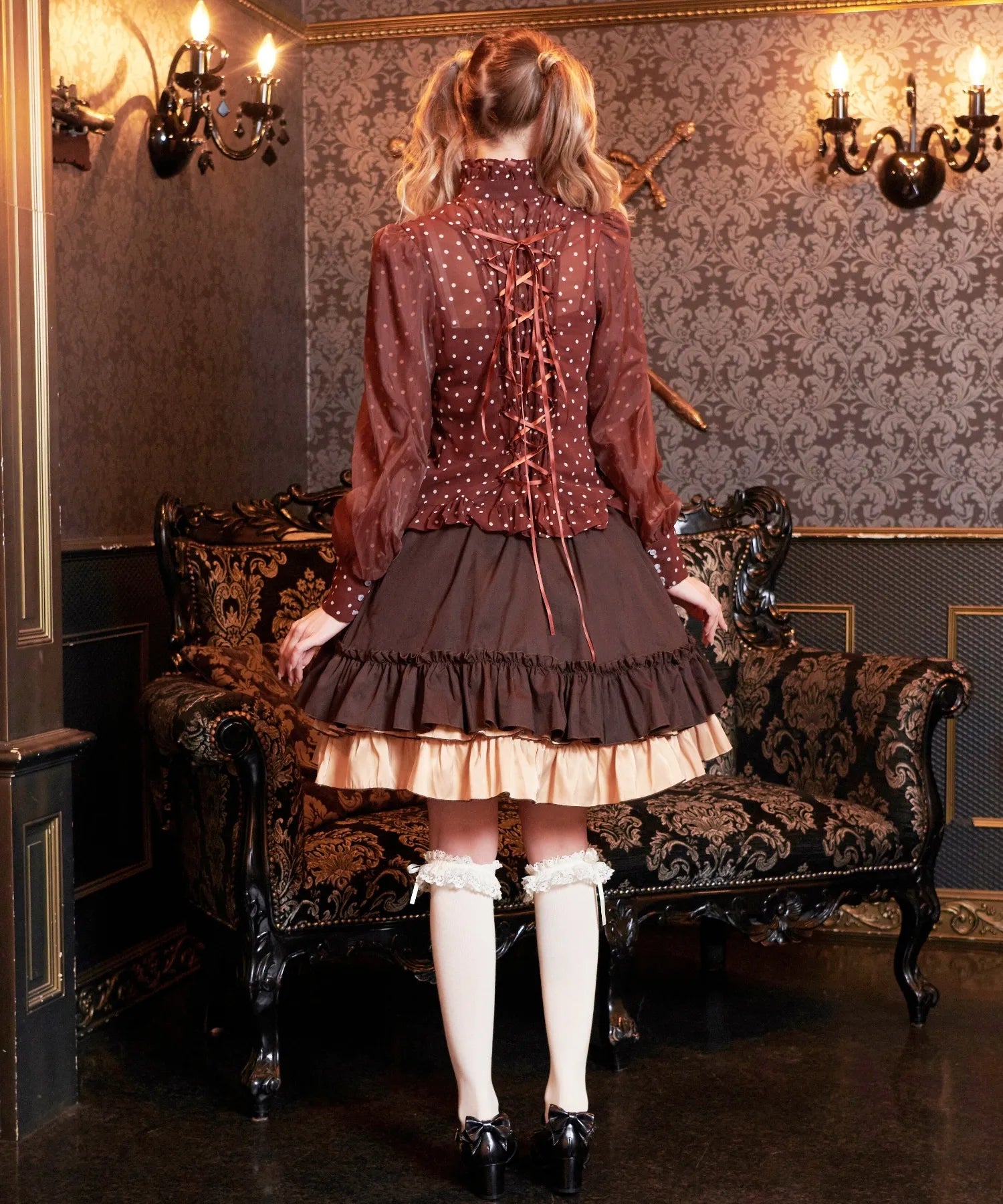 Volewume sleeve polka dot sheer blouse