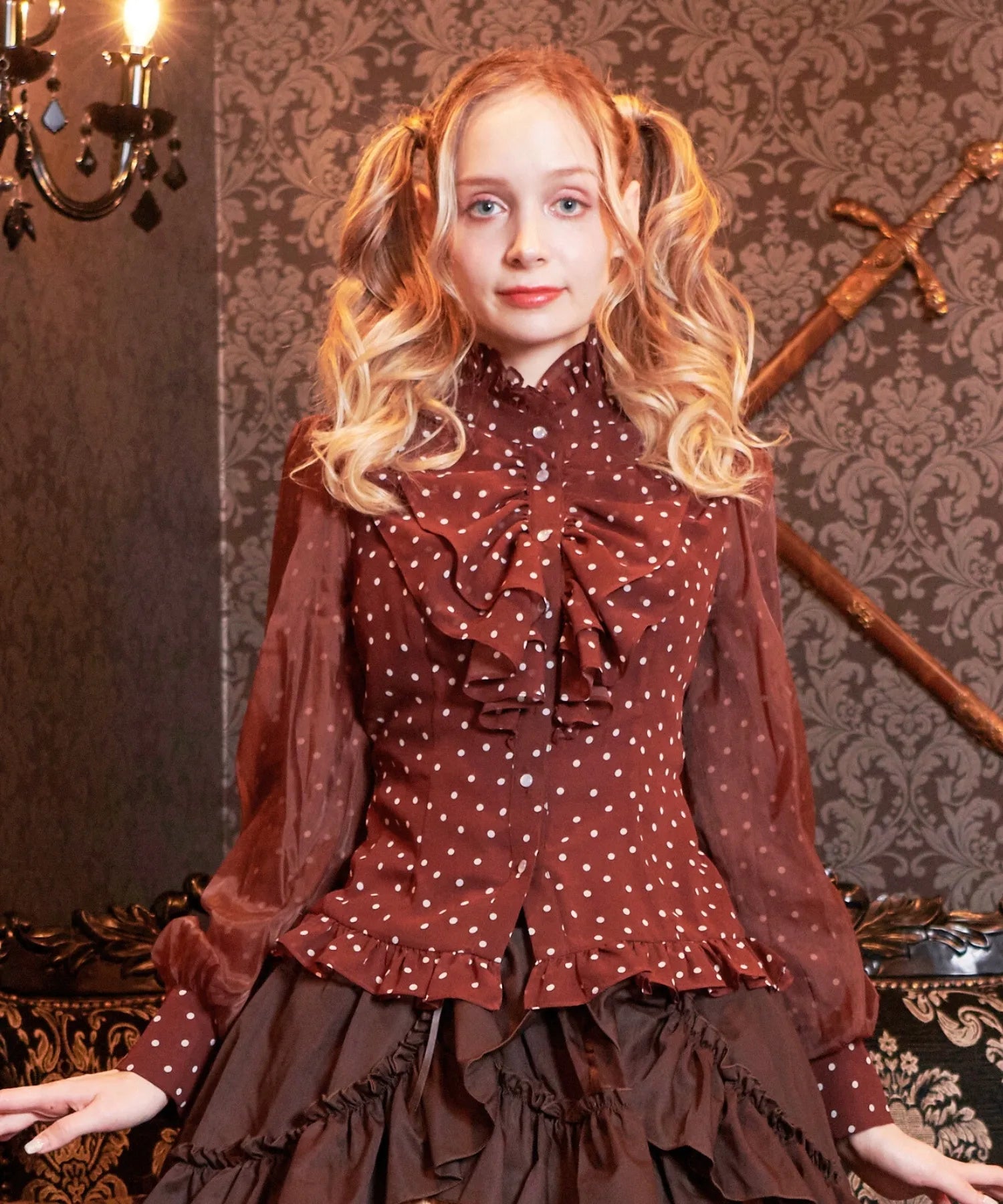 Volewume sleeve polka dot sheer blouse