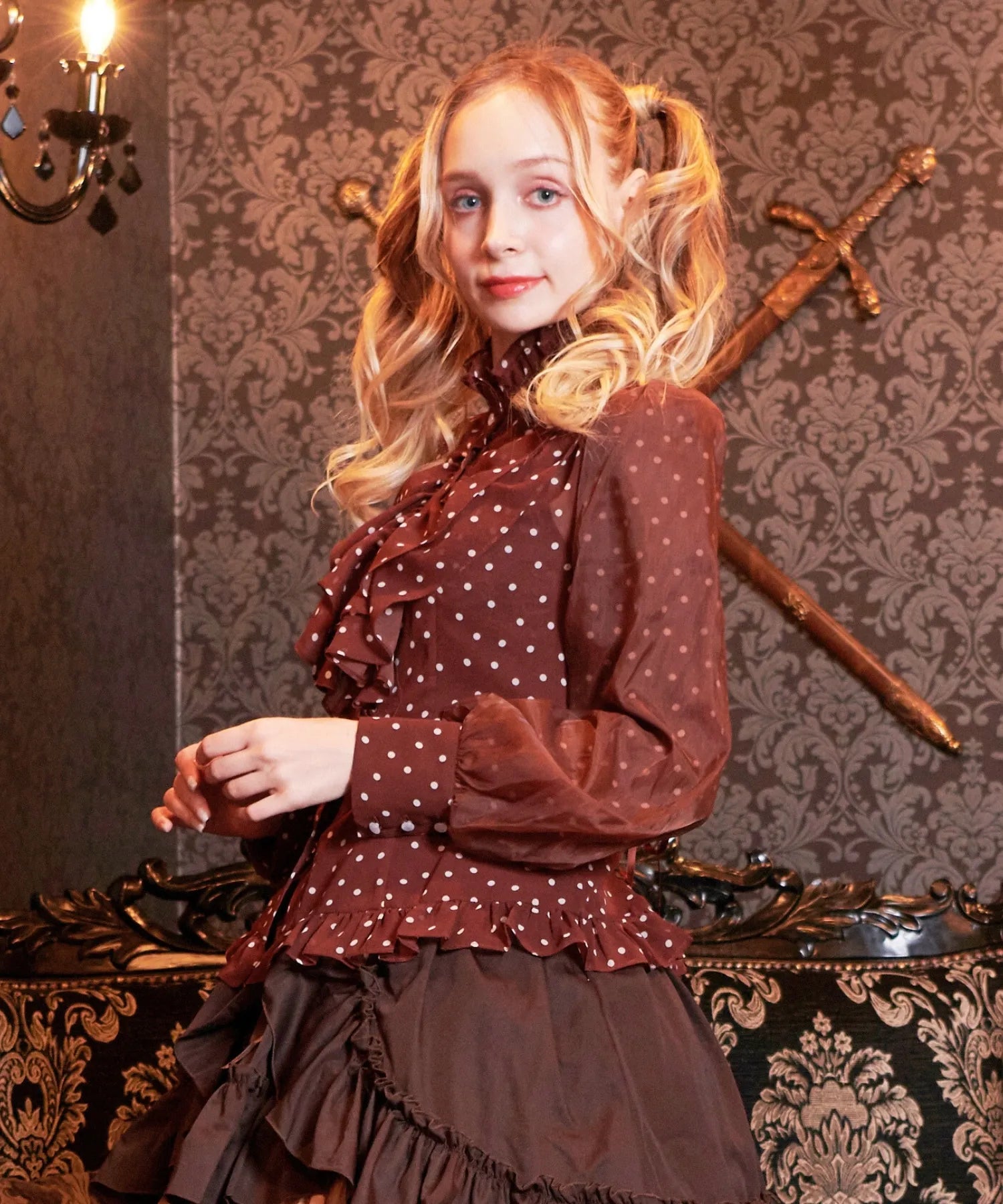 Volewume sleeve polka dot sheer blouse