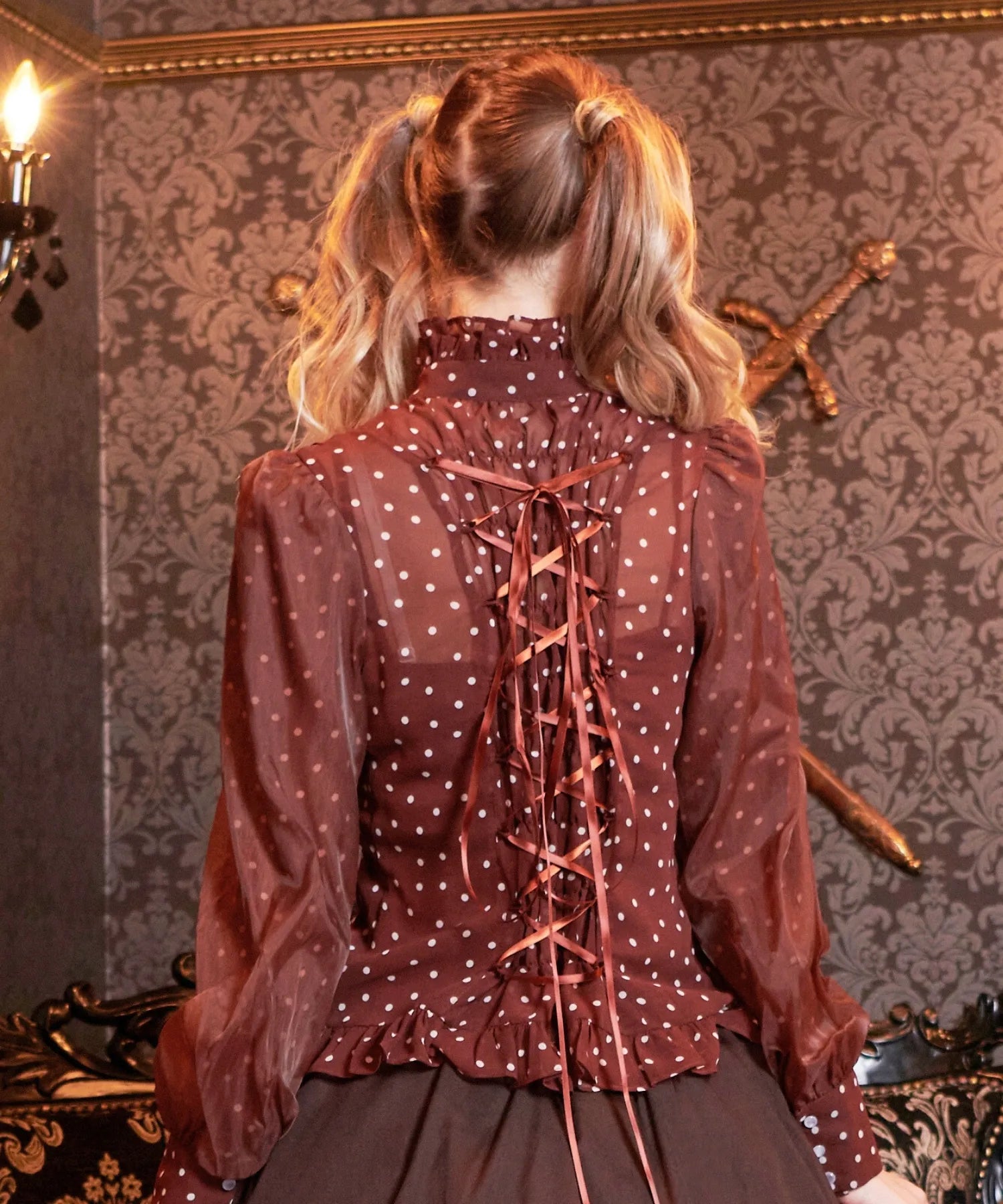 Volewume sleeve polka dot sheer blouse