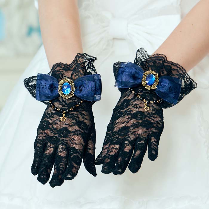 Black lace glove with ribbon