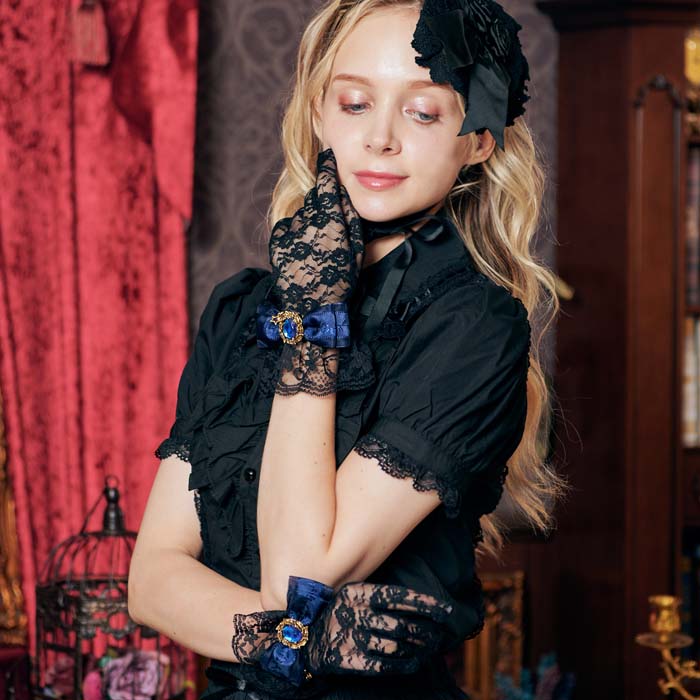 Black lace glove with ribbon