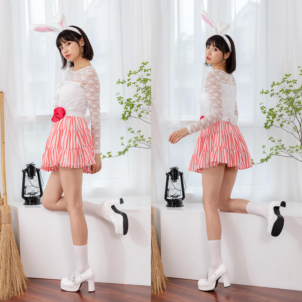 Setup of racing lace tops and striped skirts with rabbit ear