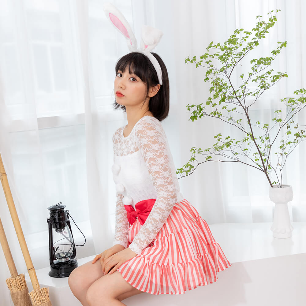 Setup of racing lace tops and striped skirts with rabbit ear