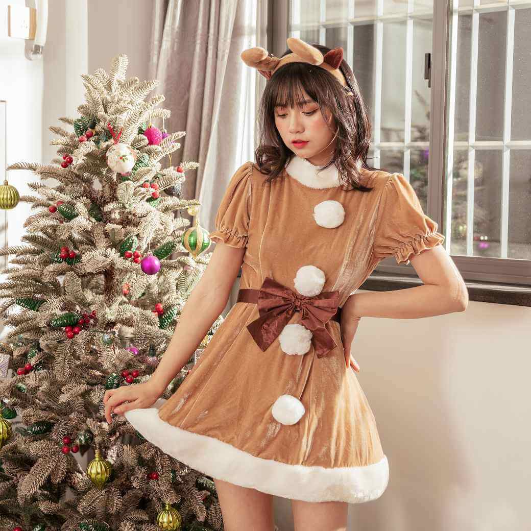 High neck reindeer dress with ribbon belt