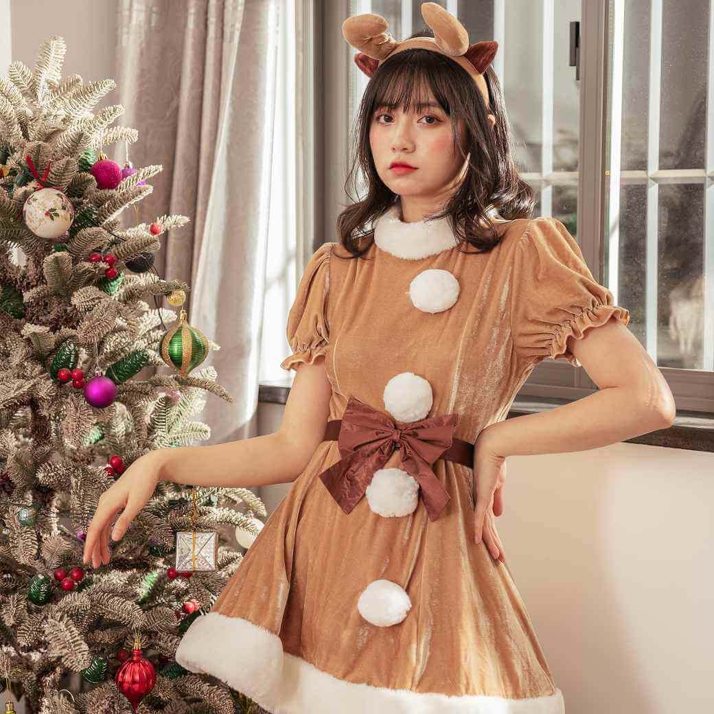 High neck reindeer dress with ribbon belt