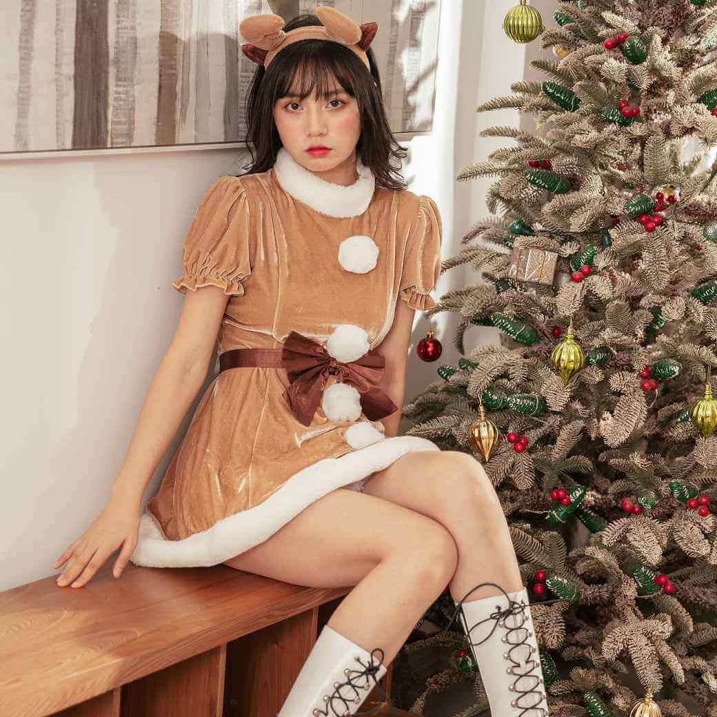 High neck reindeer dress with ribbon belt