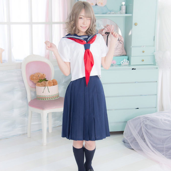 Navy blue x white x red length Sailor suit