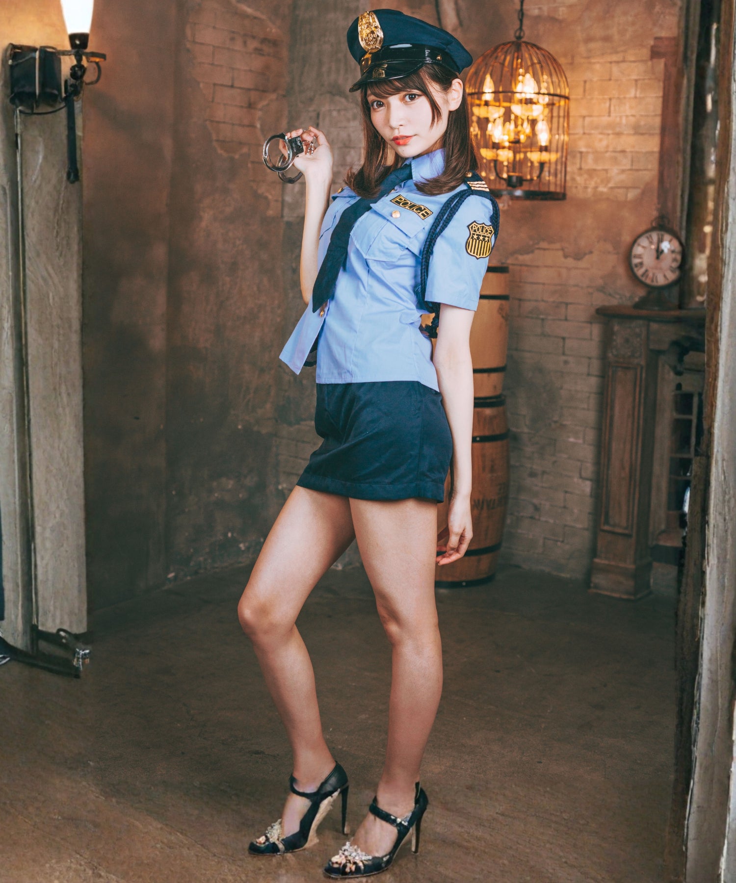 手錠付きサックスカラーシャツポリスコスチューム6点セット