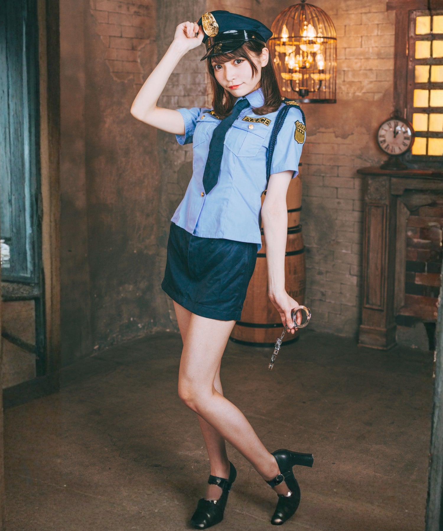 手錠付きサックスカラーシャツポリスコスチューム6点セット