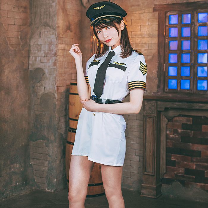 Shirt dress style pilot costume with belt and hat