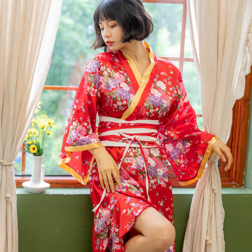 Red Flower Pattern Long Long -length Kaikai style kimono costume