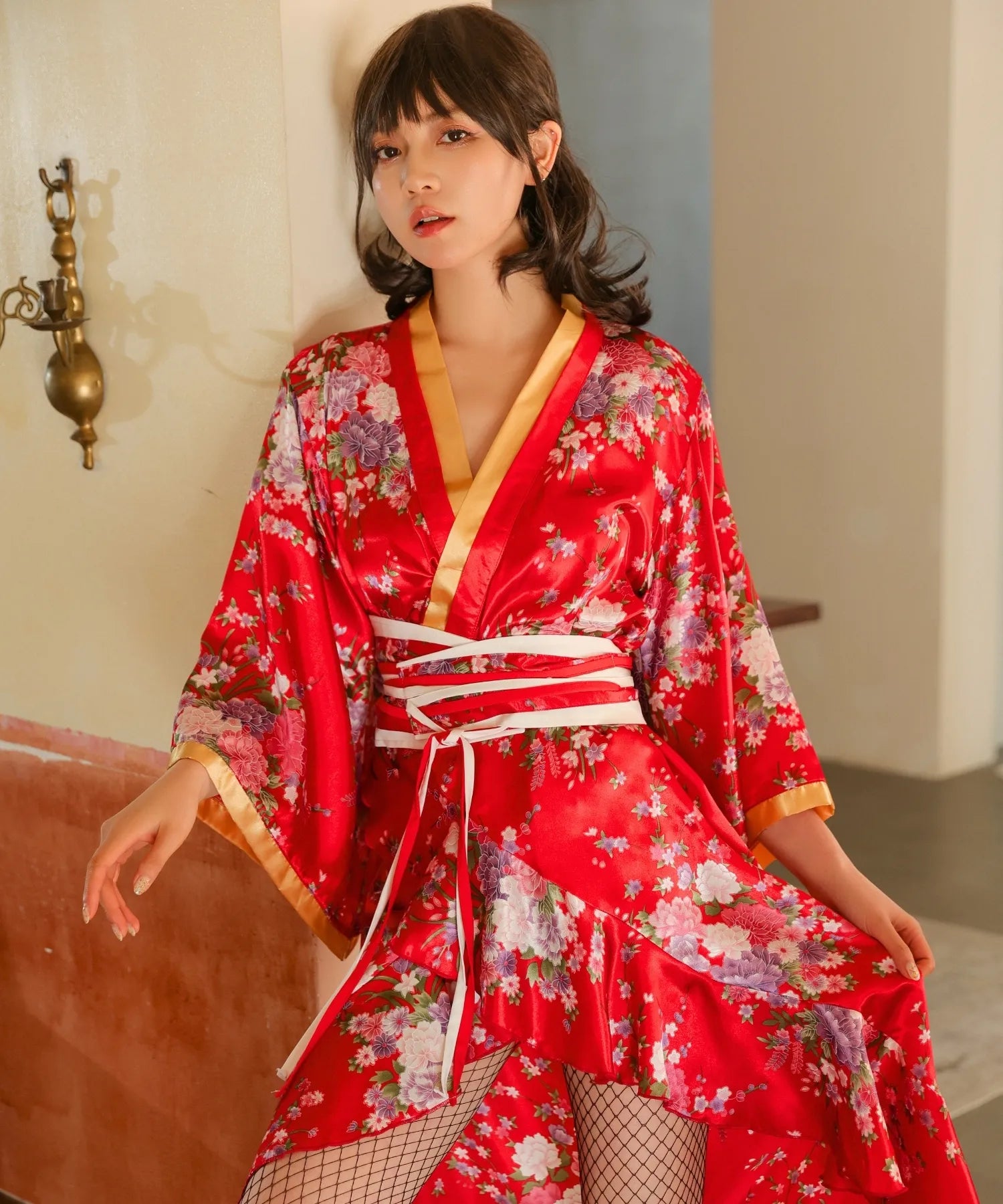 艶レッド 後ろ下がり&フリルの花魁コスチューム