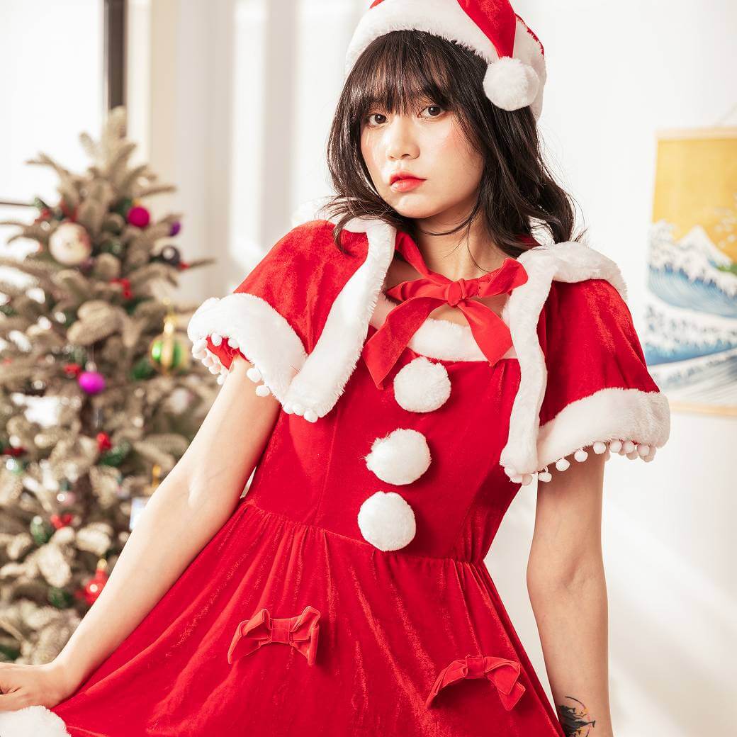 Ribbon Santa Dress with Pompom Cape