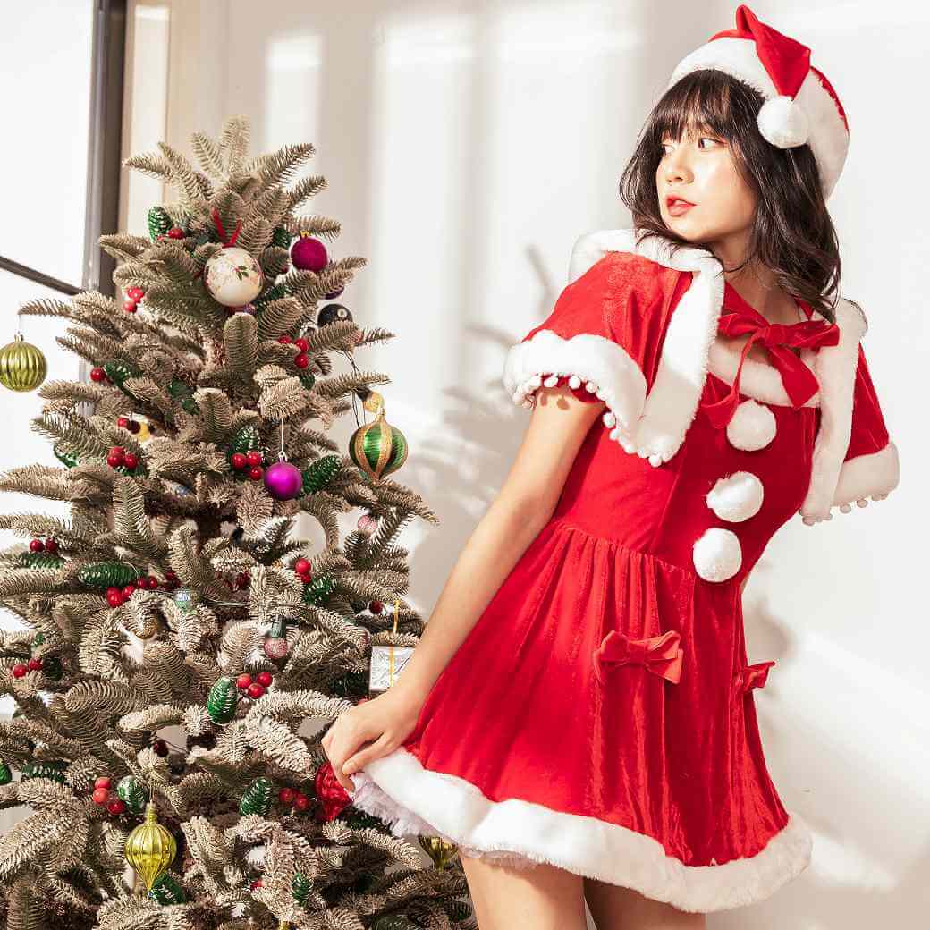 Ribbon Santa Dress with Pompom Cape