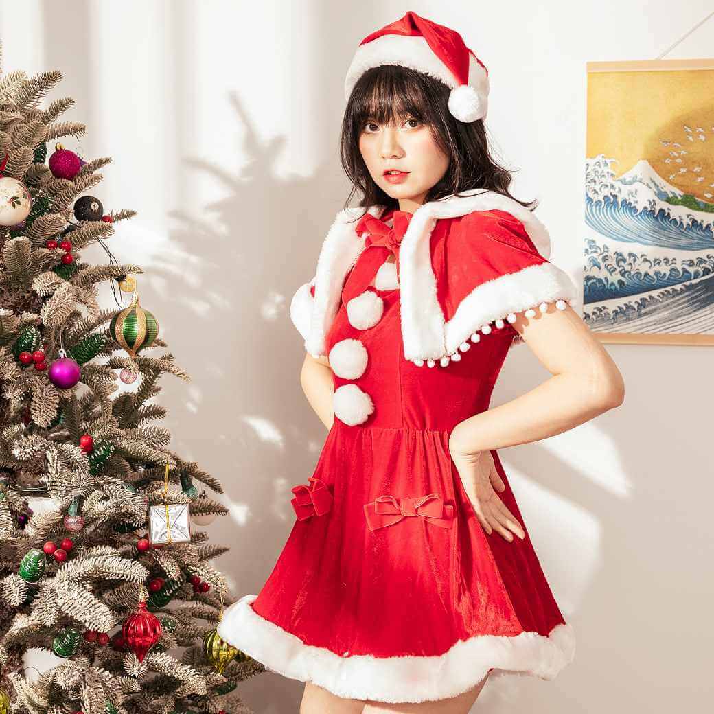 Ribbon Santa Dress with Pompom Cape
