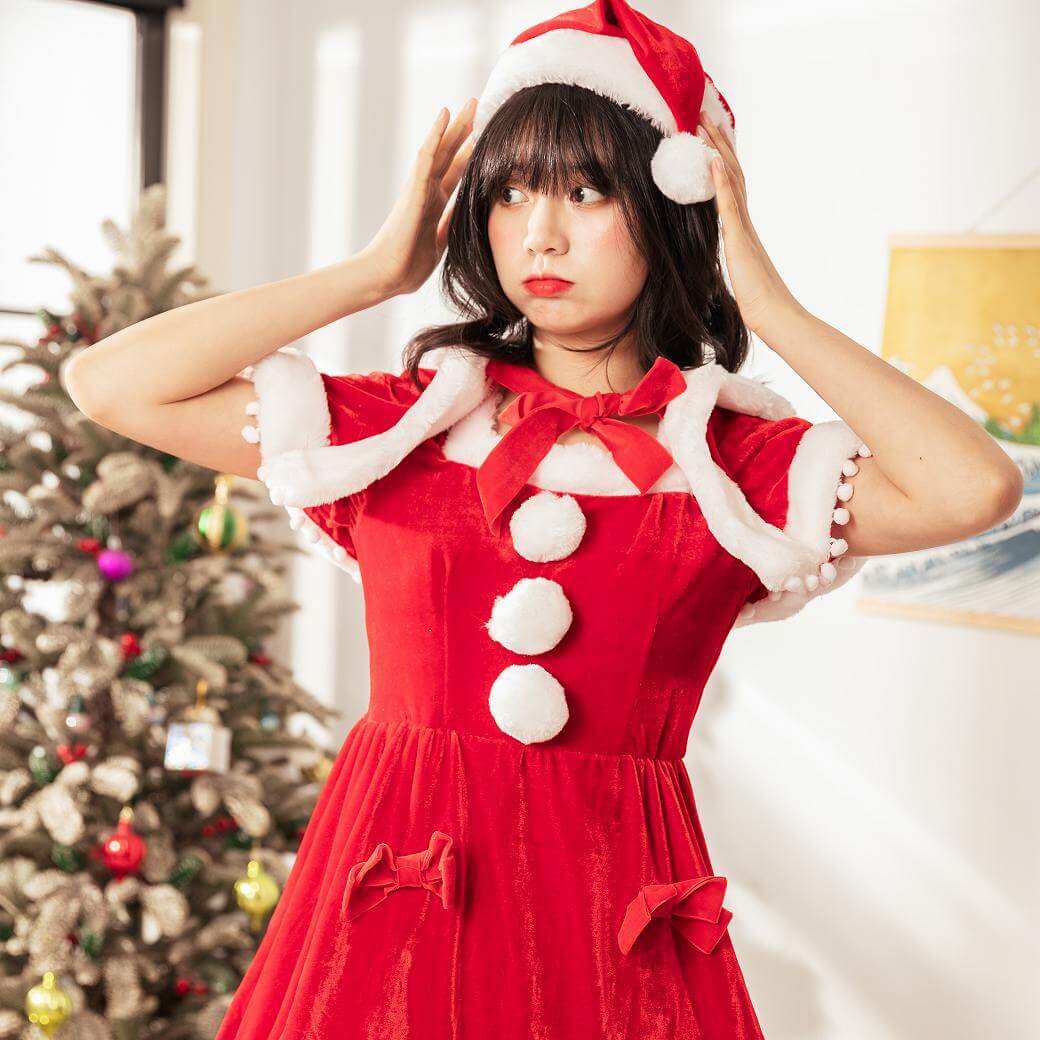 Ribbon Santa Dress with Pompom Cape