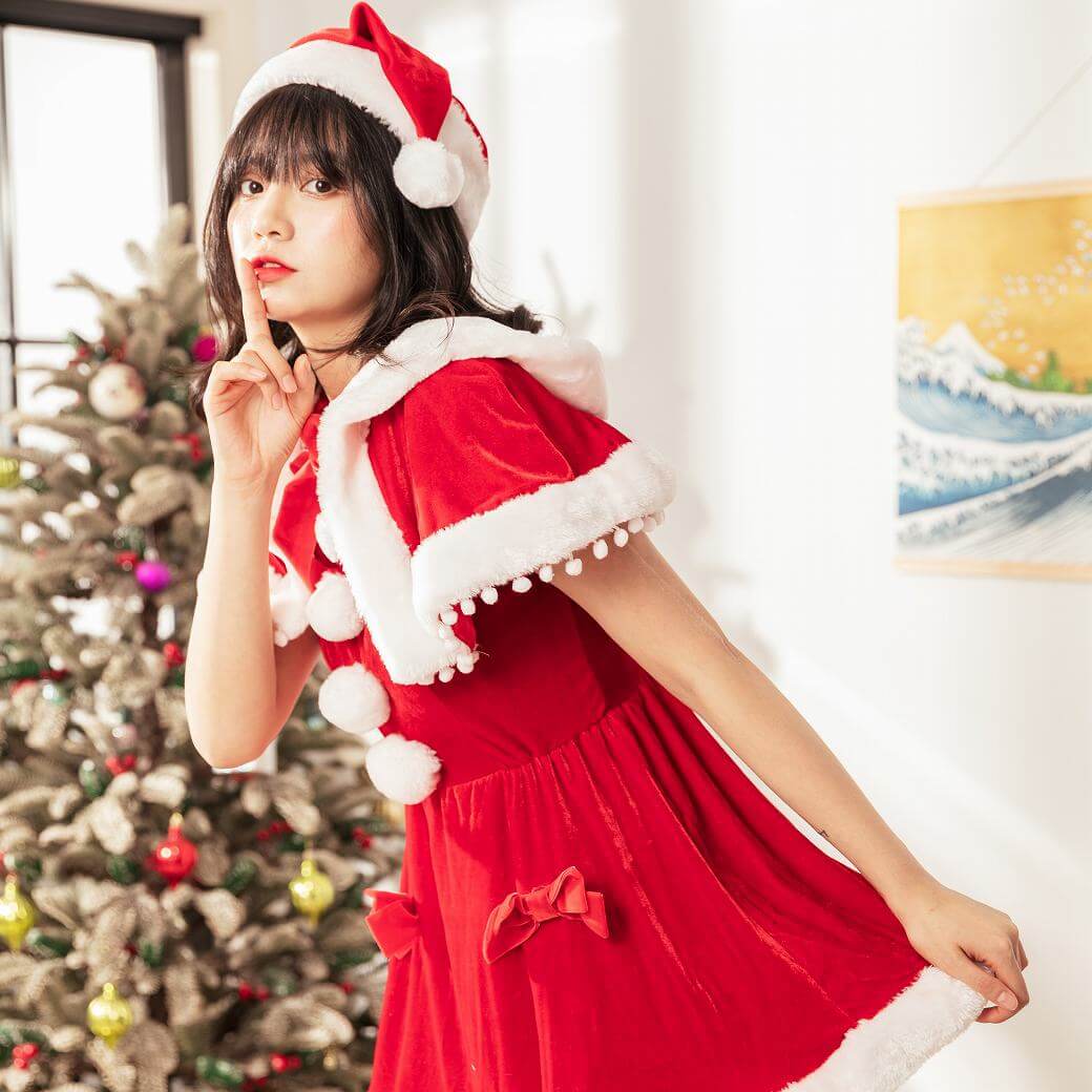 Ribbon Santa Dress with Pompom Cape