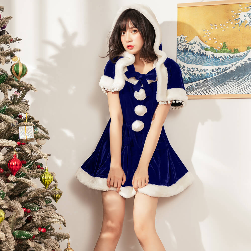 Ribbon Santa Dress with Pompom Cape