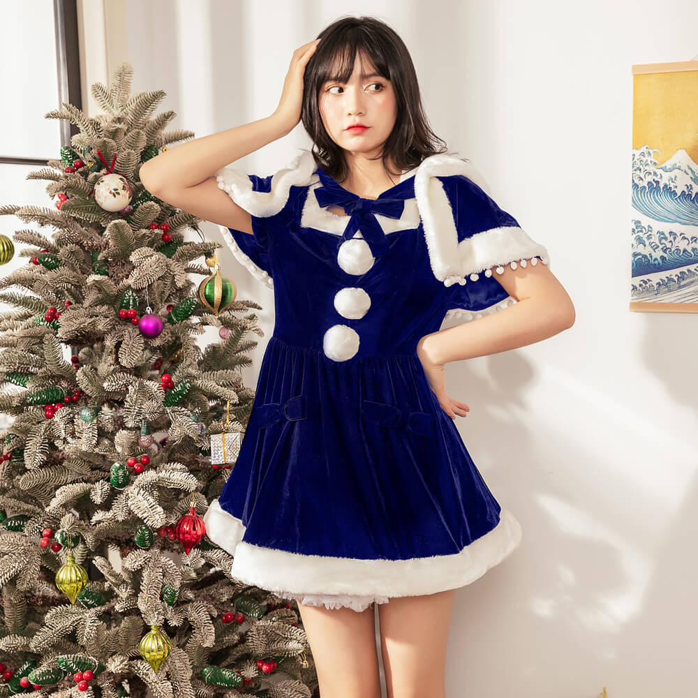 Ribbon Santa Dress with Pompom Cape