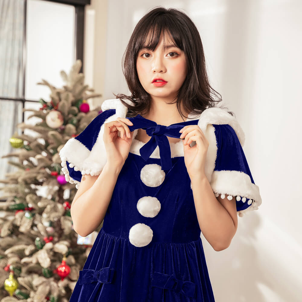 Ribbon Santa Dress with Pompom Cape