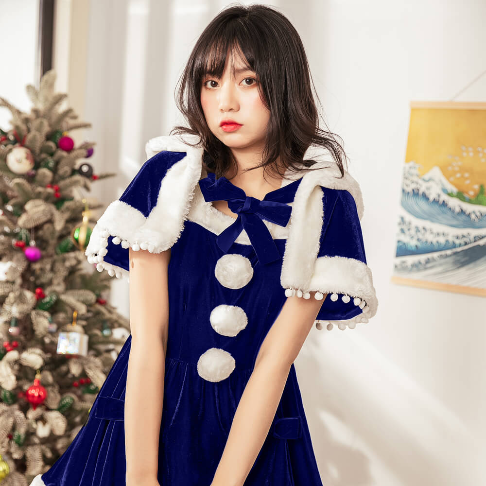 Ribbon Santa Dress with Pompom Cape