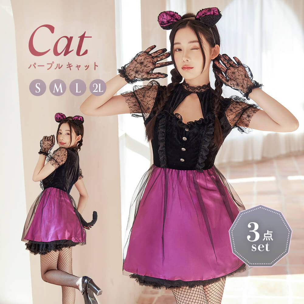 Black Lace and Purple Cat Costume with Tail