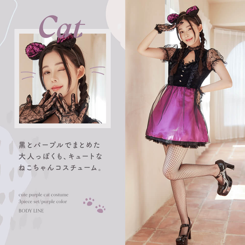 Black Lace and Purple Cat Costume with Tail