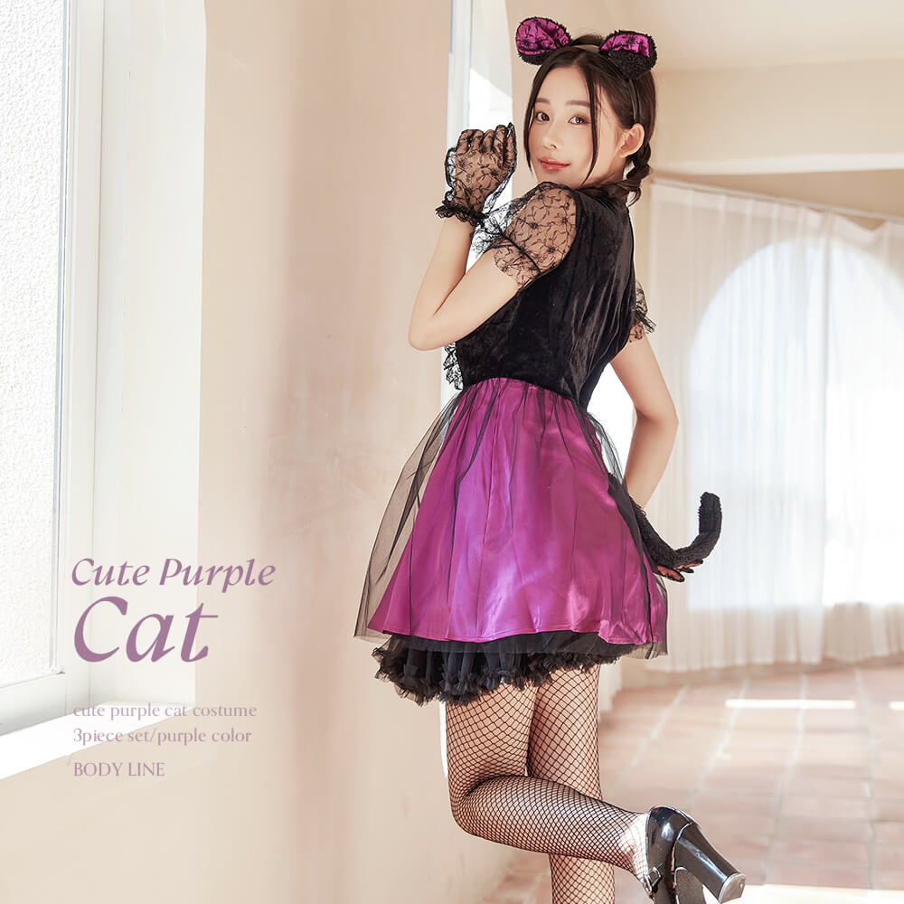Black Lace and Purple Cat Costume with Tail