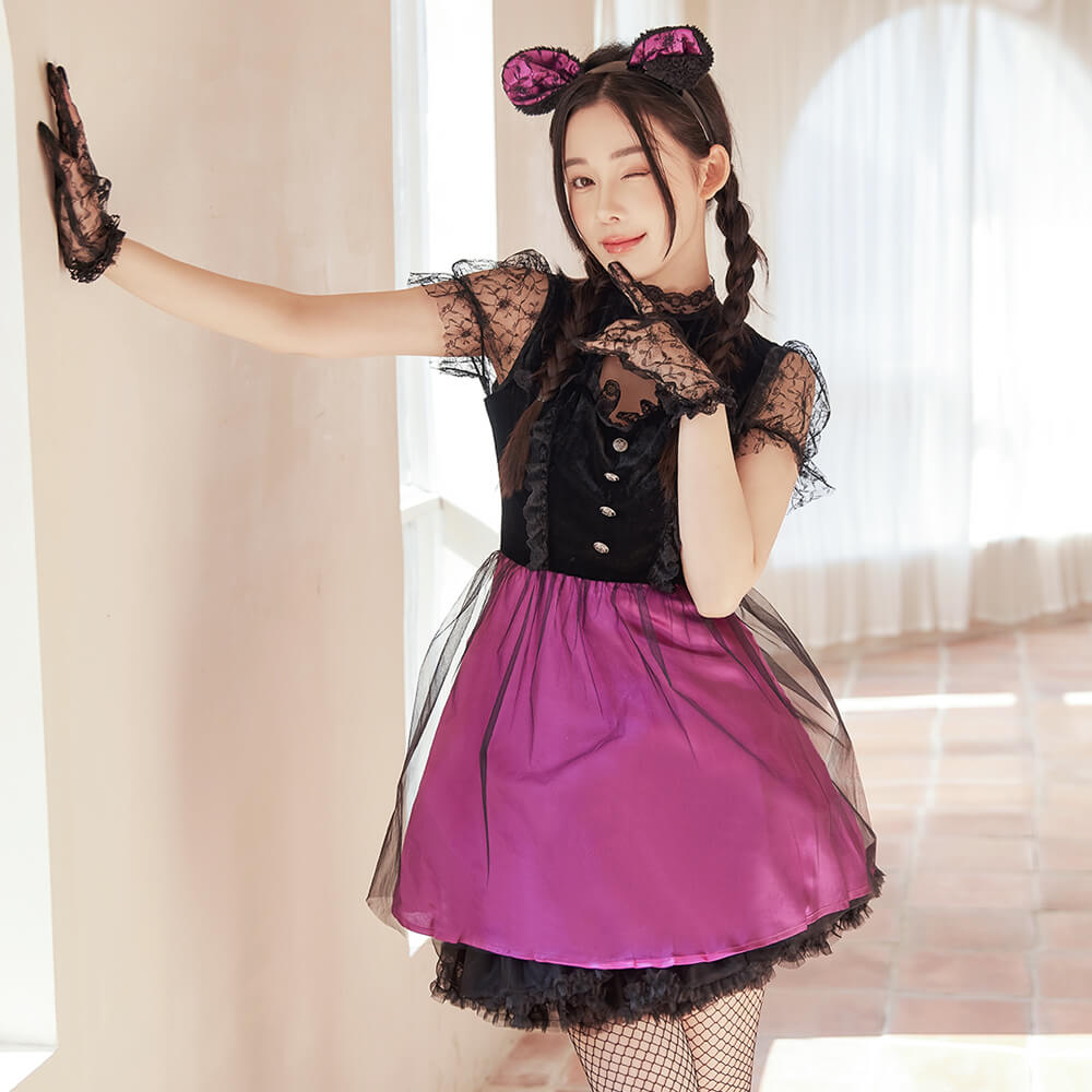 Black Lace and Purple Cat Costume with Tail