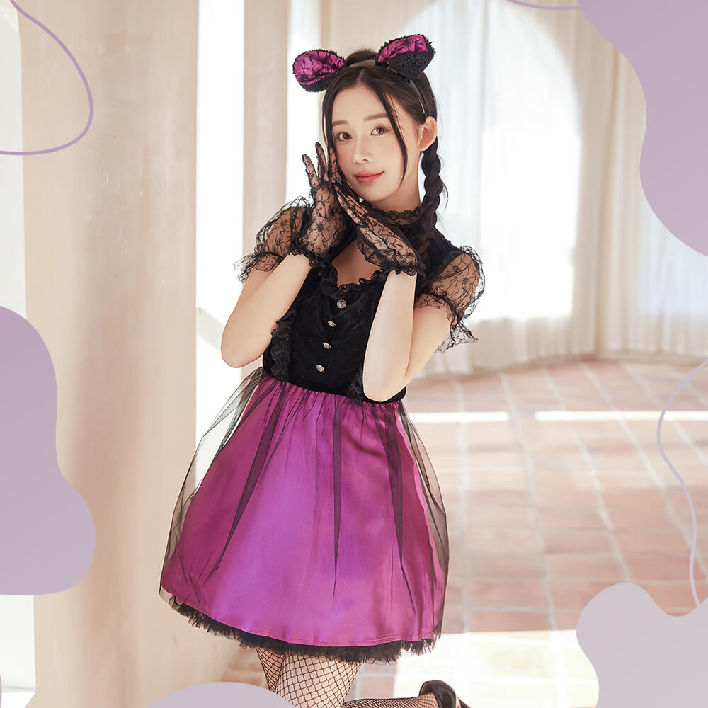 Black Lace and Purple Cat Costume with Tail
