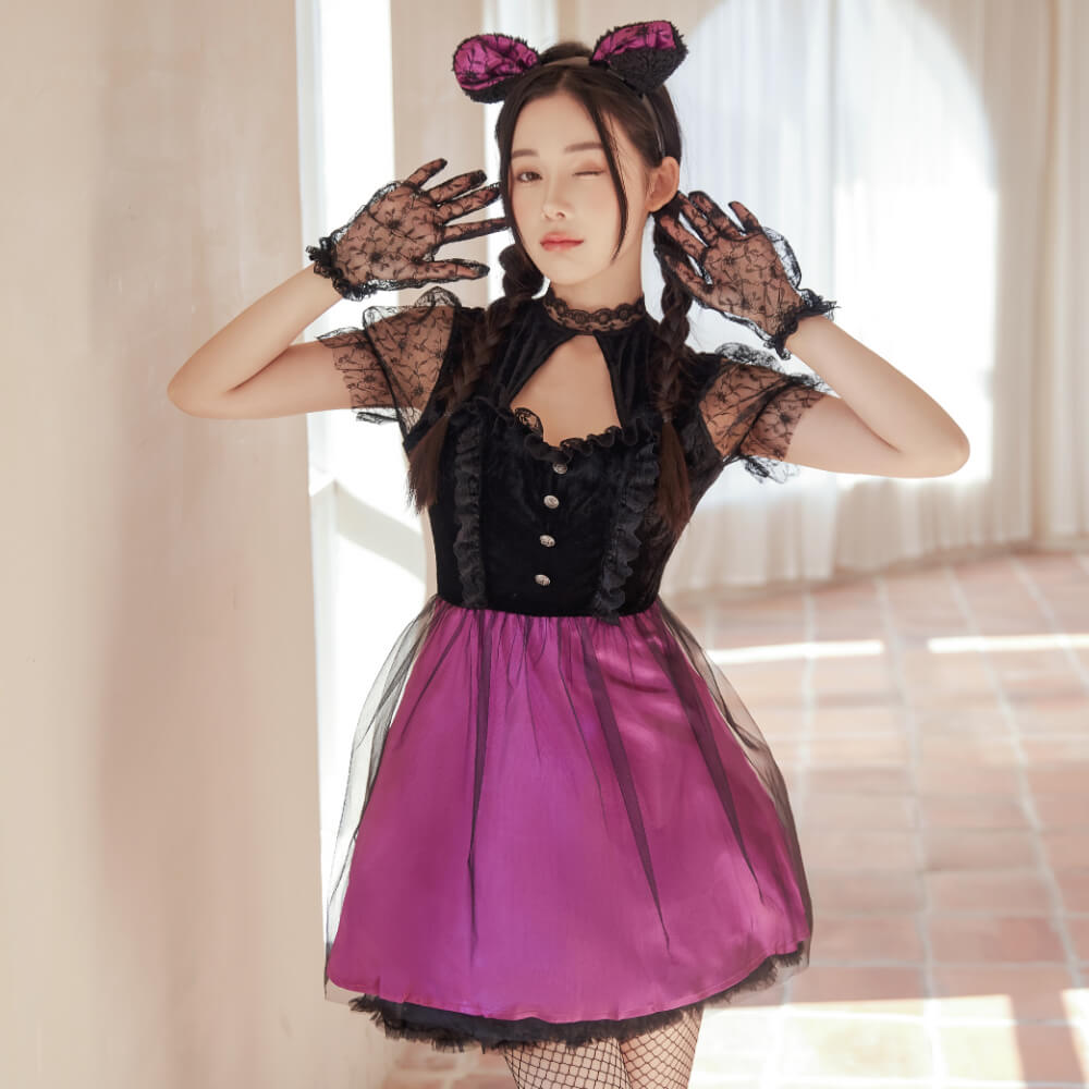 Black Lace and Purple Cat Costume with Tail