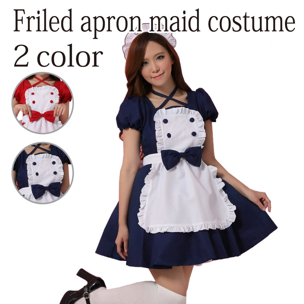 Neck Cross Button Frill Apron Maid Outfit
