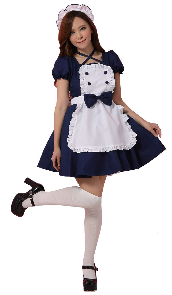 Neck Cross Button Frill Apron Maid Outfit