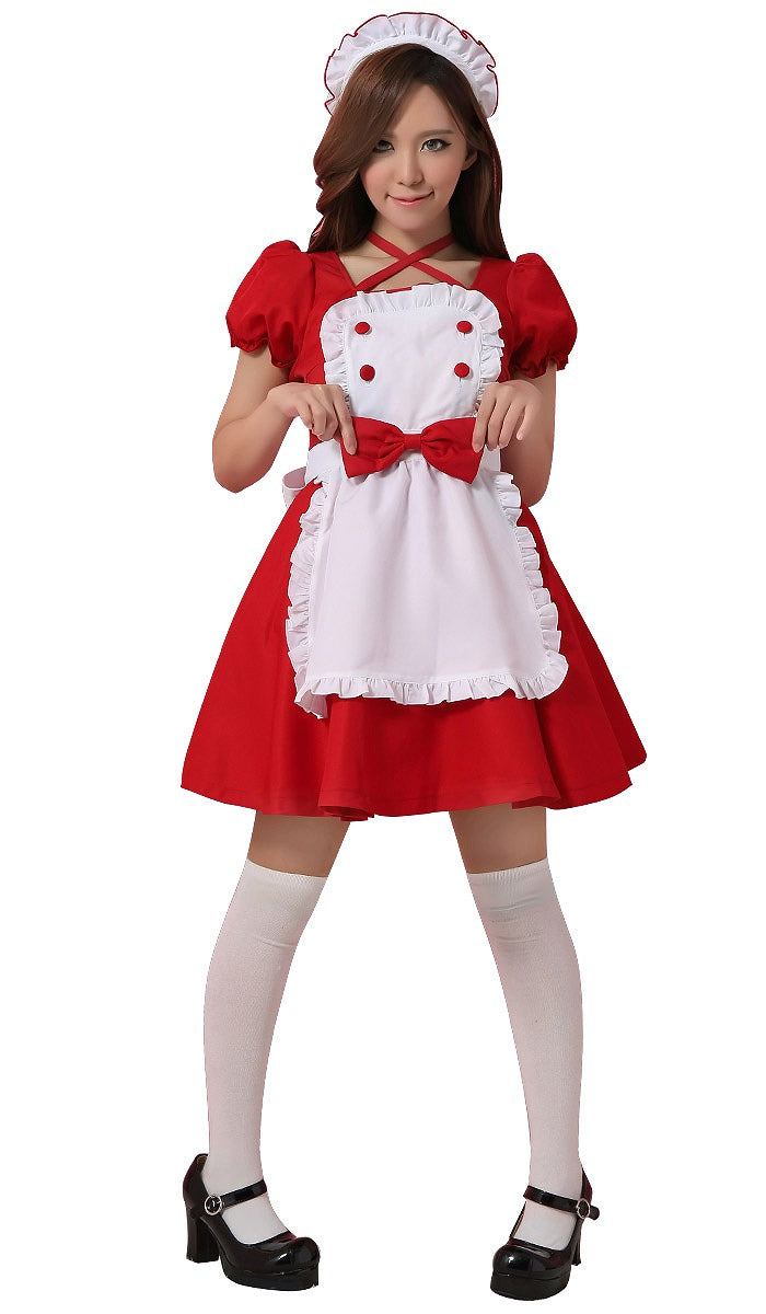 Neck Cross Button Frill Apron Maid Outfit