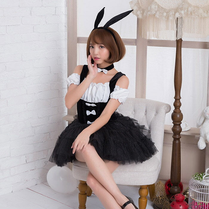 Three-bow off-the-shoulder dress with glittery tulle skirt with bunny catsuit and choker