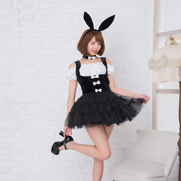 Three-bow off-the-shoulder dress with glittery tulle skirt with bunny catsuit and choker