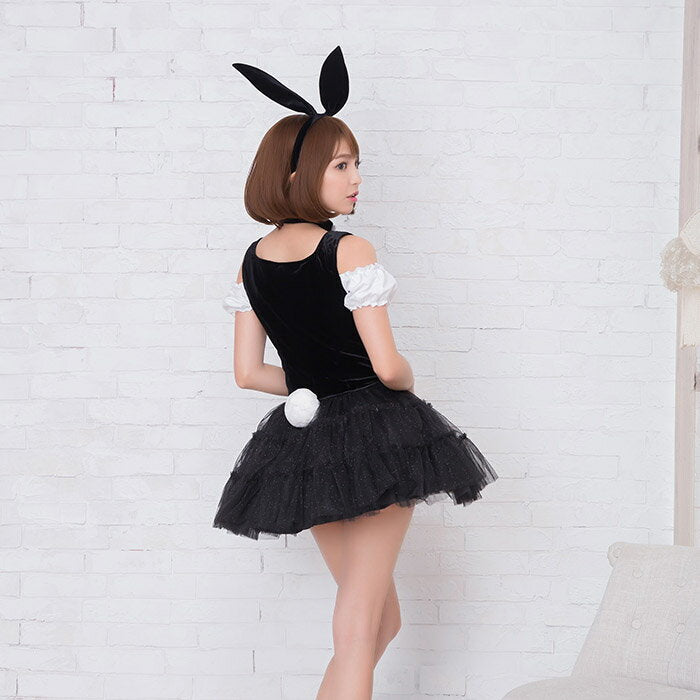 Three-bow off-the-shoulder dress with glittery tulle skirt with bunny catsuit and choker