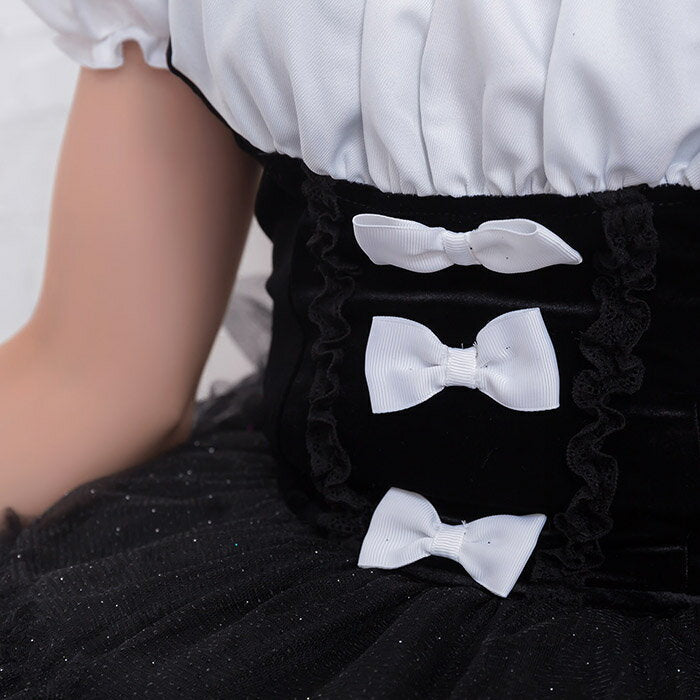 Three-bow off-the-shoulder dress with glittery tulle skirt with bunny catsuit and choker