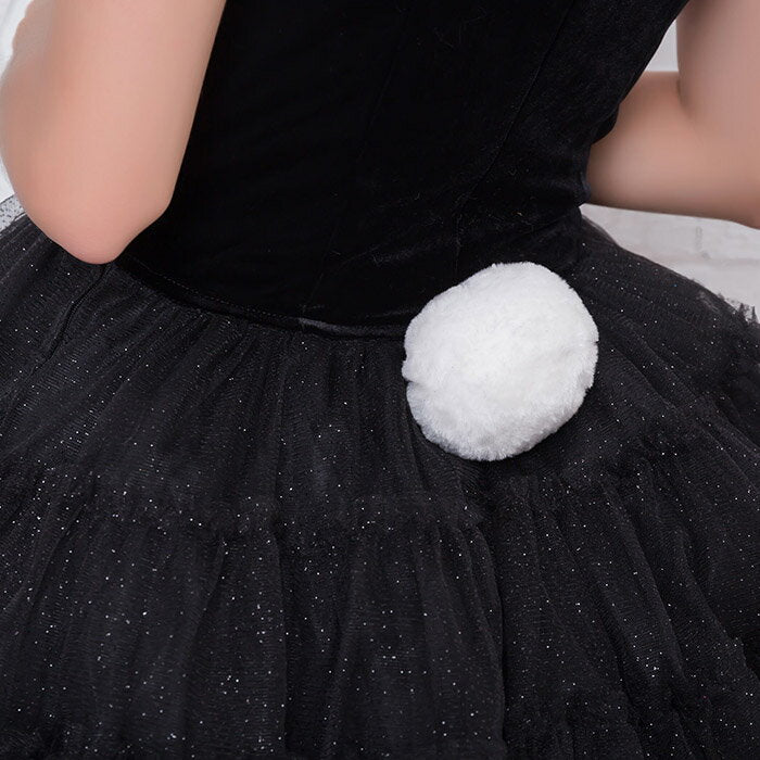 Three-bow off-the-shoulder dress with glittery tulle skirt with bunny catsuit and choker