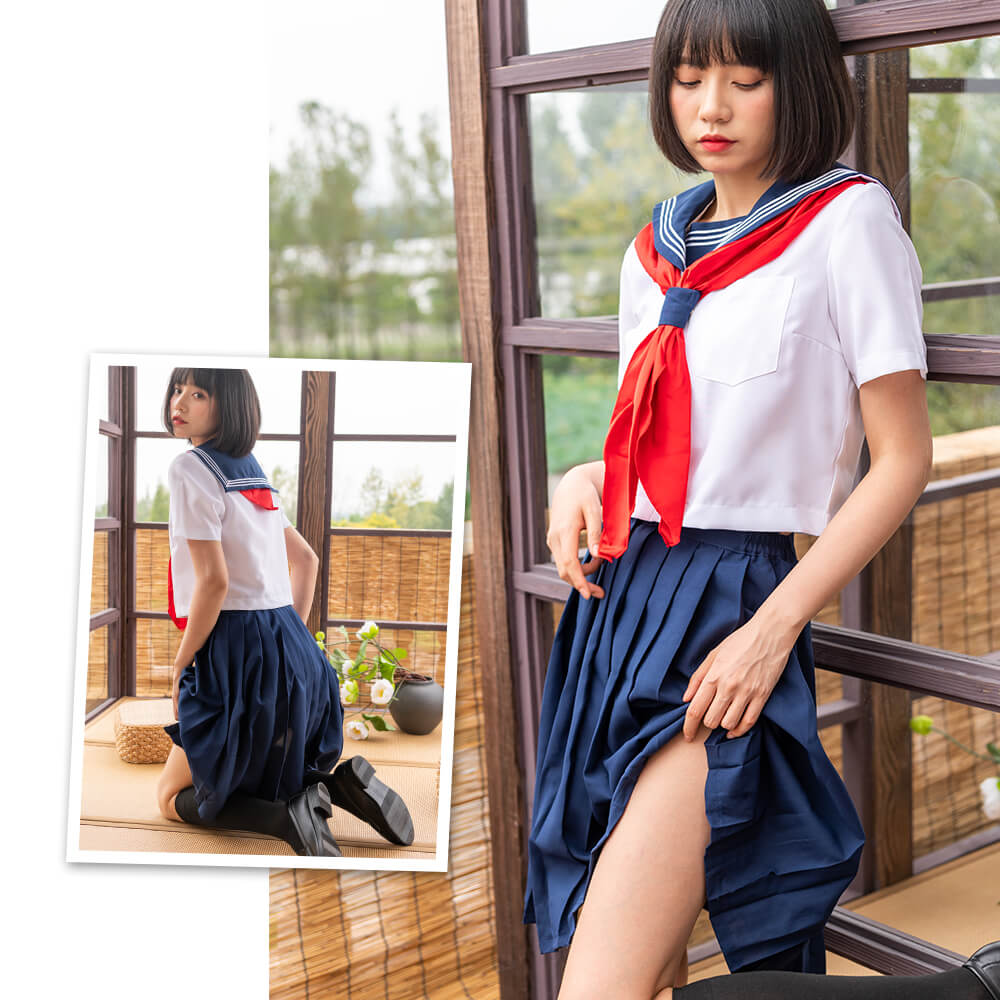 Navy blue x white x red length Sailor suit