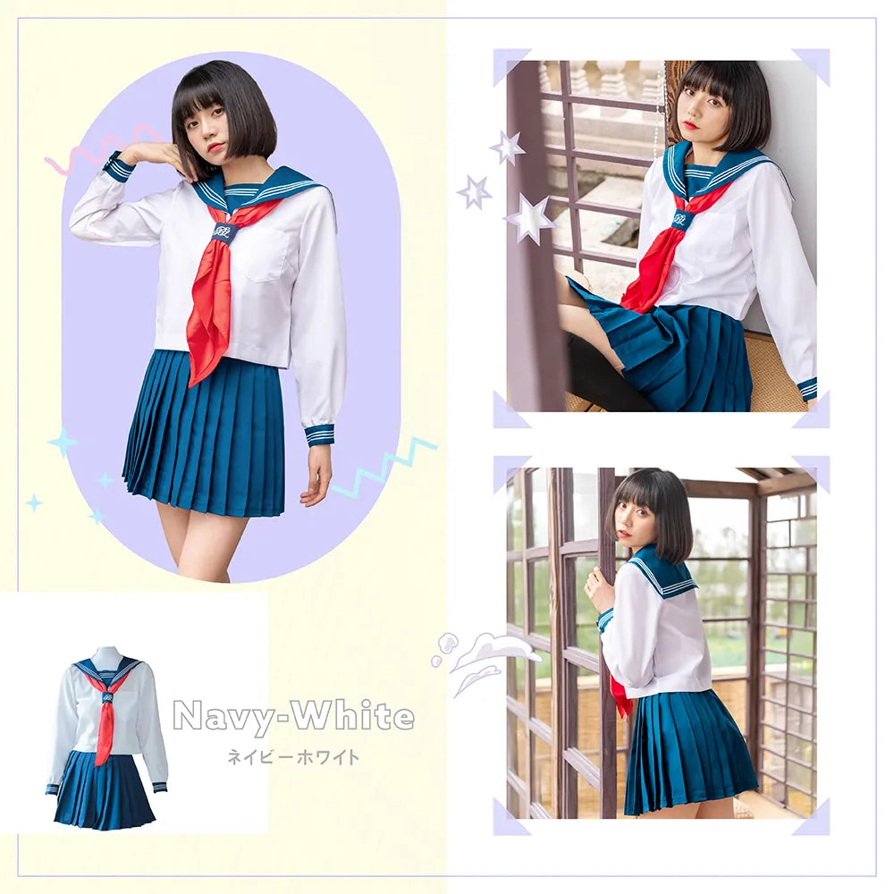 Navy blue, white and red long-sleeved standard sailor uniform