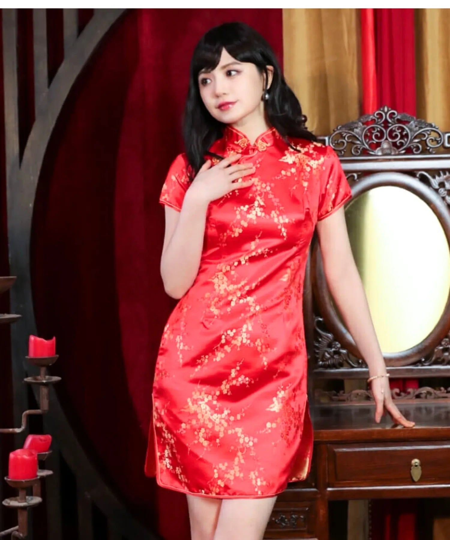 Plum Pattern China Dress -Mini Length Long Length-