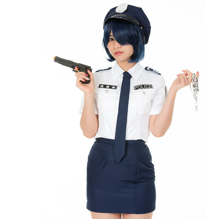 6-piece white mini-skirt police set with handcuffs