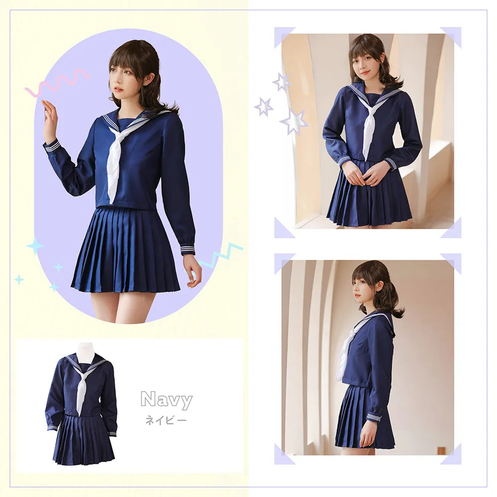 Navy blue long-sleeved sailor uniform with a pure white scarf