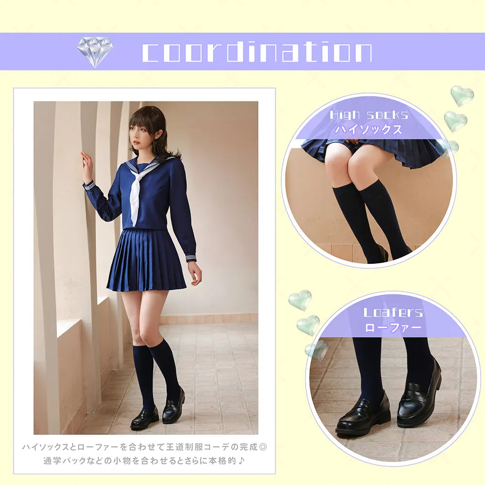 Navy blue long-sleeved sailor uniform with a pure white scarf